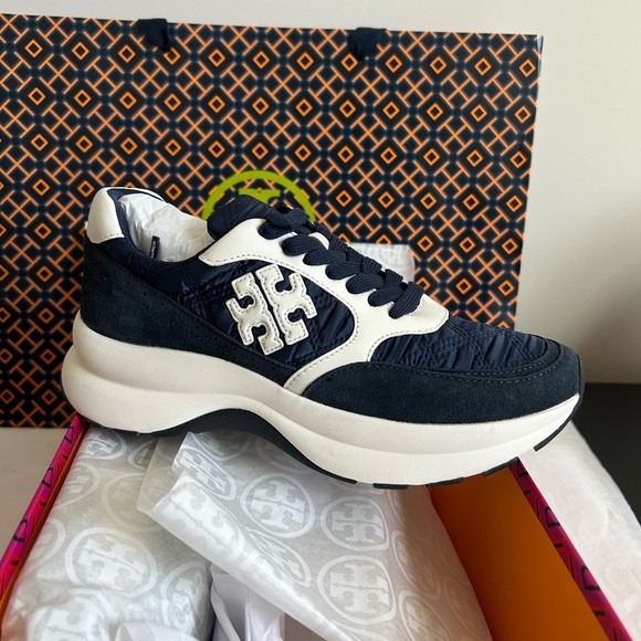 Tory Burch Kick Trainer Sneaker Size 6 Tory Navy White Blue Satin - Picture 1 of 12